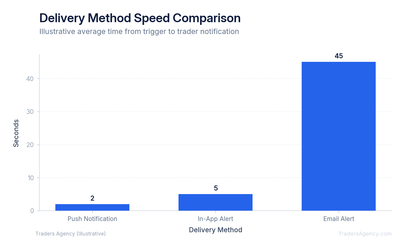 Bar chart showing average response time in seconds for push notifications, email alerts, and in-app alerts