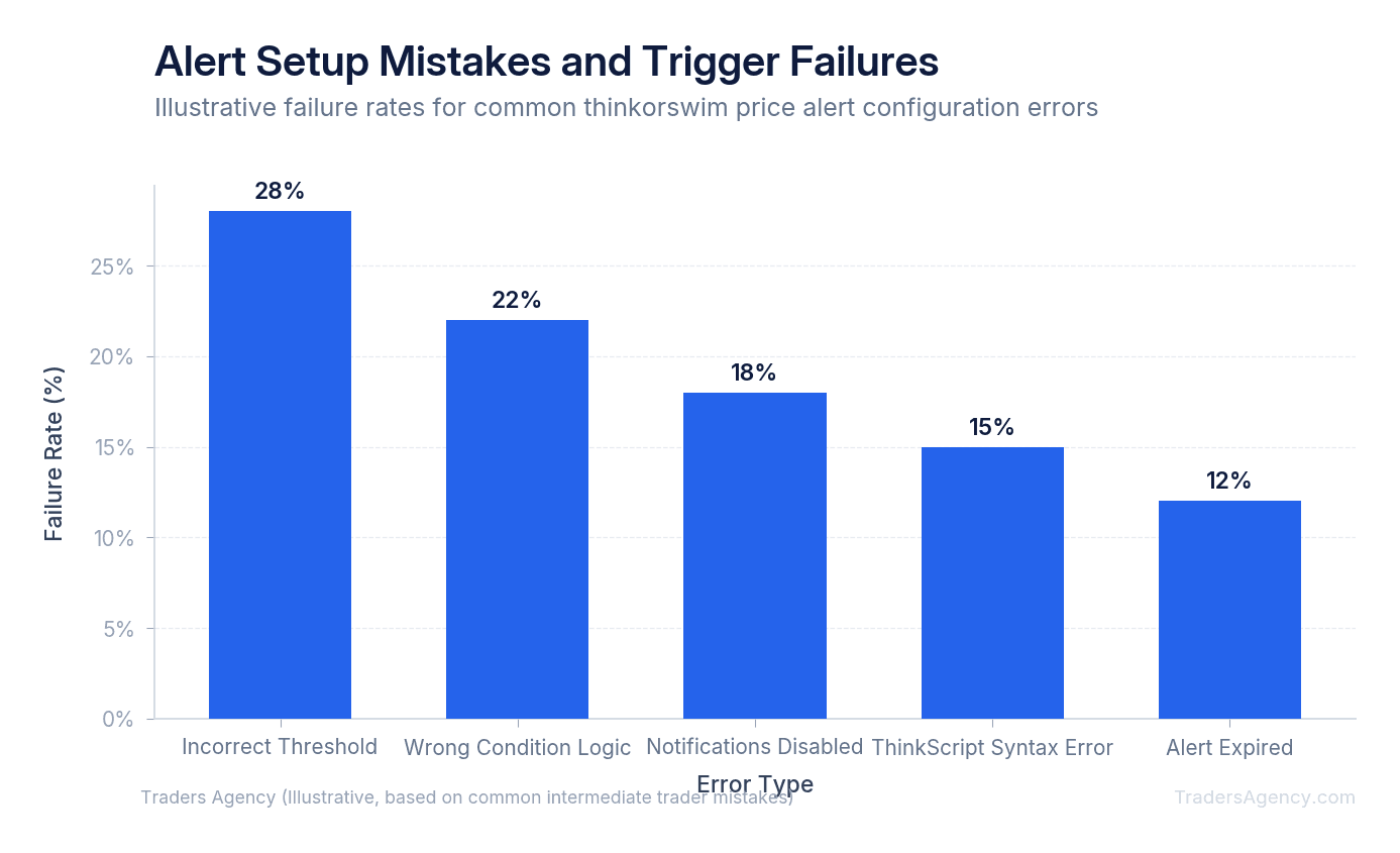Bar chart showing failure rates for incorrect threshold values, wrong alert conditions, disabled notifications, and improper ThinkScript syntax