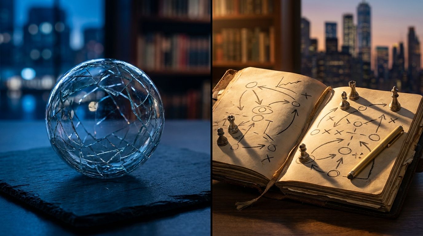 A split image concept showing a crystal ball (representing a traditional "forecast") cracked or shattered on one side, contrasted with an open, well-worn tactical playbook or strategy notebook on the other side. The playbook side should feel dynamic and empowering, perhaps with arrows, chess pieces, or a game plan diagram suggesting multiple strategic paths. Dramatic lighting with deep blues and golds would give the image a sharp, financial-world aesthetic that immediately signals market strateg