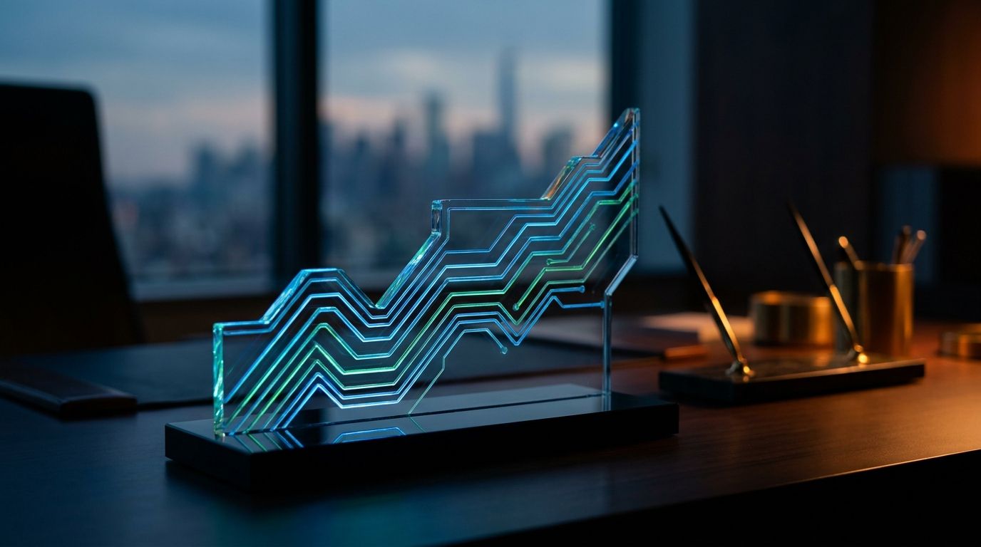 A sleek, dark-themed trading dashboard glows on a monitor, displaying cascading real-time stock charts, scanner alerts, and data streams in electric green and blue.