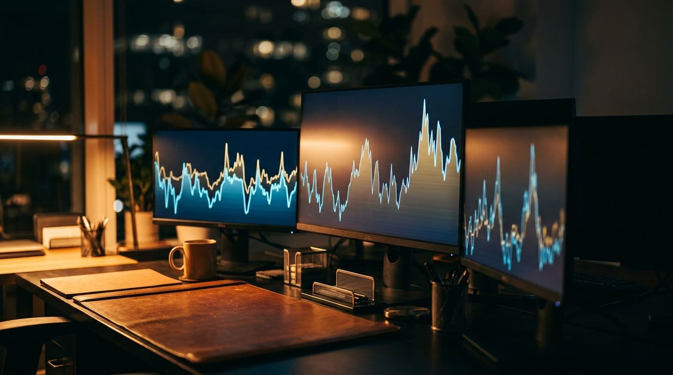 A lone trader sits focused at a multi-monitor setup displaying volatile, jagged stock charts with sharp peaks and valleys, bathed in the cool blue glow of the screens against a dark background. The charts visibly show choppy, unpredictable price action with some positions holding steady amid the chaos, symbolizing disciplined calm in an unstable market. The overall mood is intense but controlled — conveying the tension of navigating a turbulent market with a steady, strategic mindset.