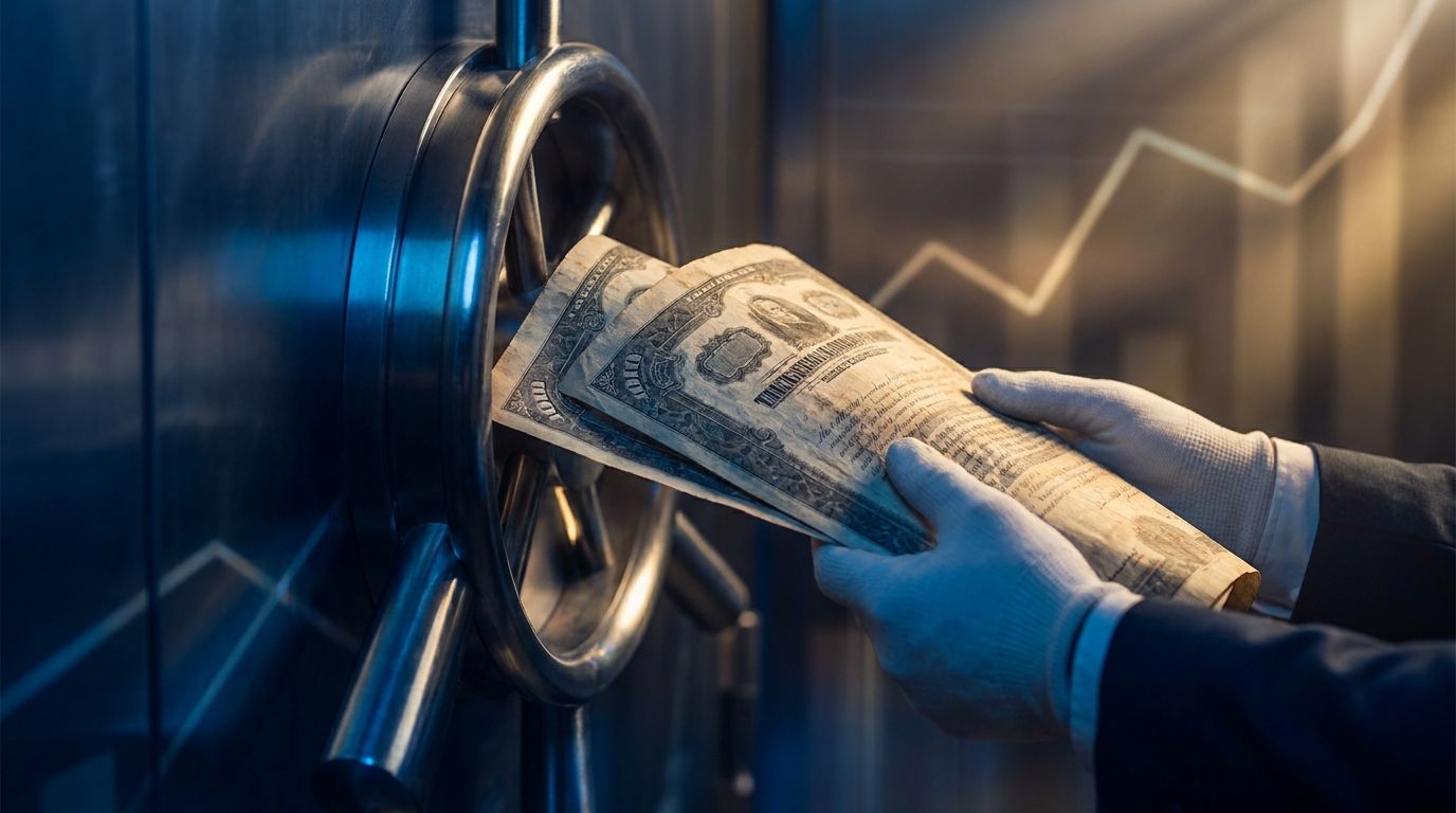 A close-up shot of U.S. Treasury bond certificates or financial documents being pulled back into a government vault or safe, symbolizing the buyback process. The scene is bathed in deep blue and gold tones, with subtle upward-trending chart