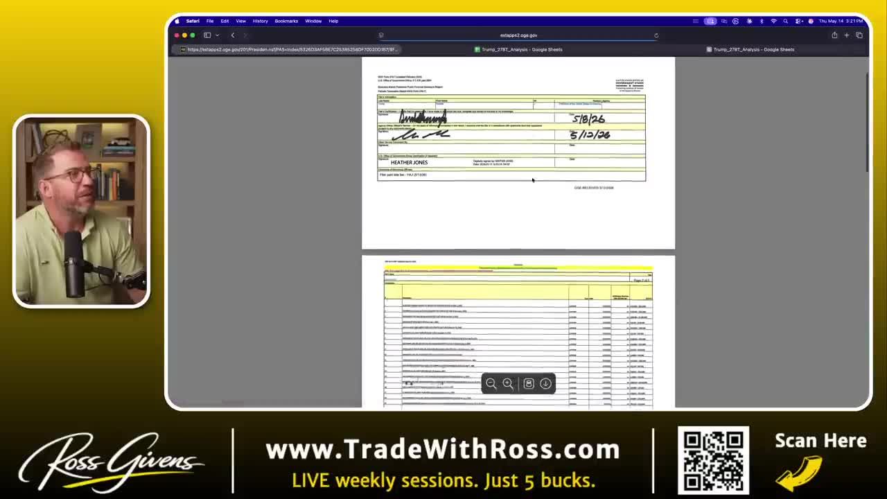 OGE periodic transaction report showing signature page signed by the filer, along with a detailed transaction list table highlighted in yellow
