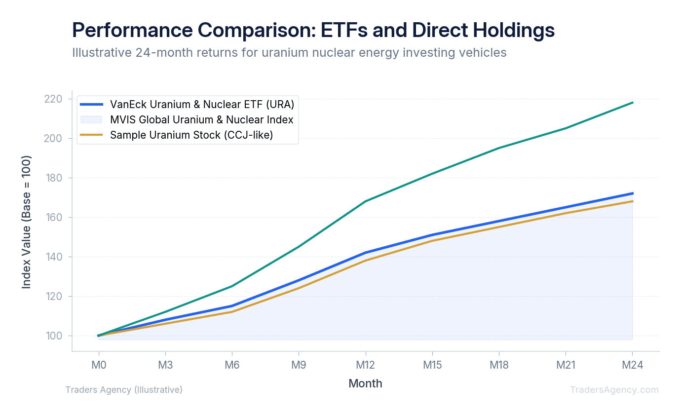 Multi-line chart comparing performance of VanEck uranium and nuclear ETF, MVIS global uranium and nuclear energy index, and a sample uranium stock over 24 months