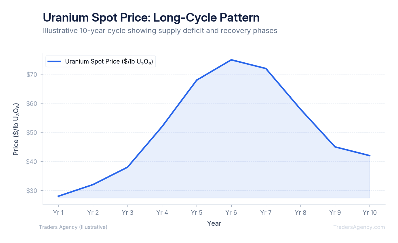 Line chart of uranium spot price over 10 years showing cyclical peaks and troughs aligned with supply cycle phases
