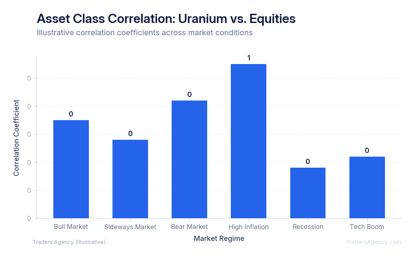 Bar chart showing low to moderate correlation between uranium stocks and S&P 500 across different market regimes