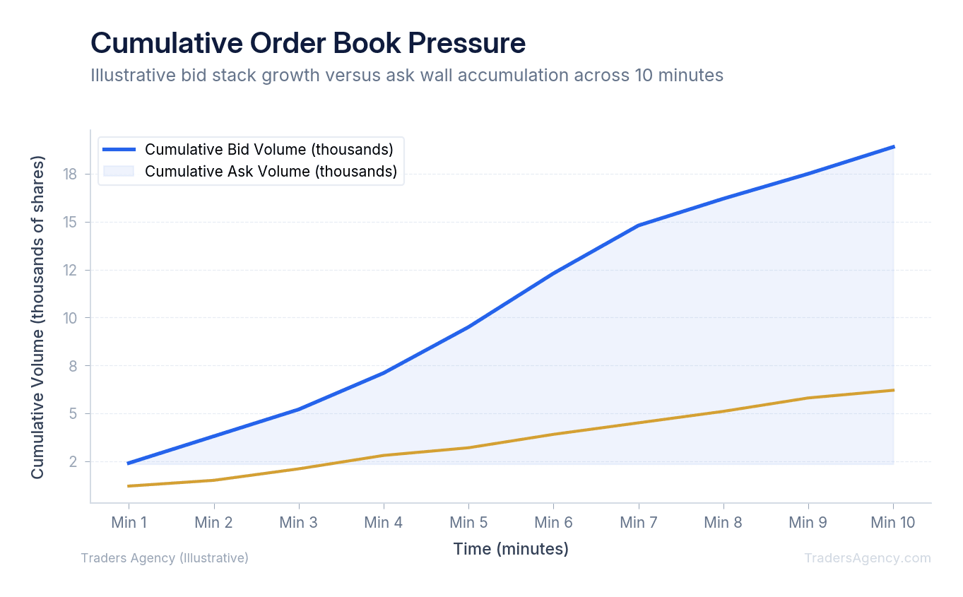 Multi-line chart comparing cumulative bid volume stacking at support versus ask wall building at resistance over time