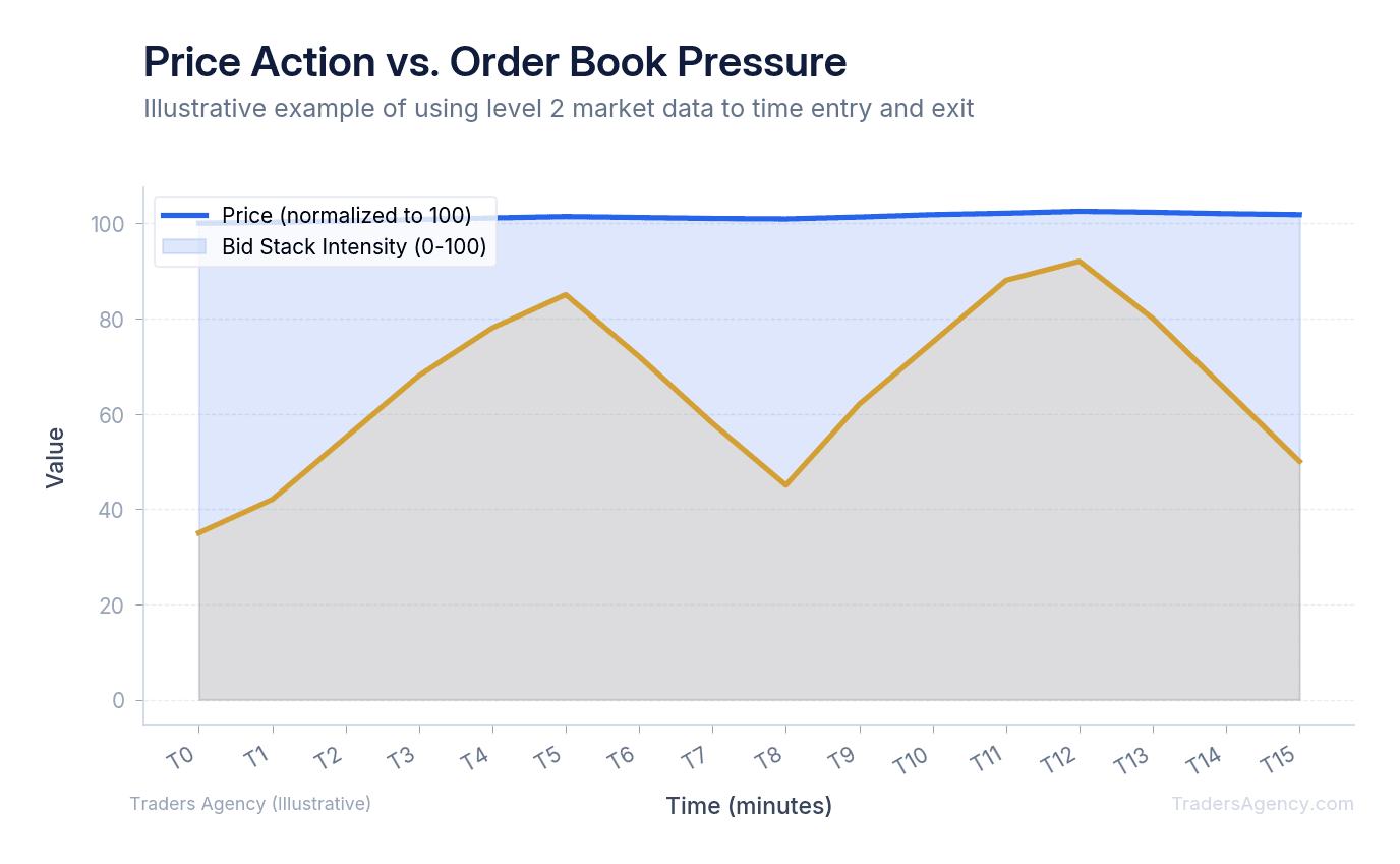 Area chart showing price movement correlation with bid stacking intensity and ask wall breakdown over a 15-minute trading window
