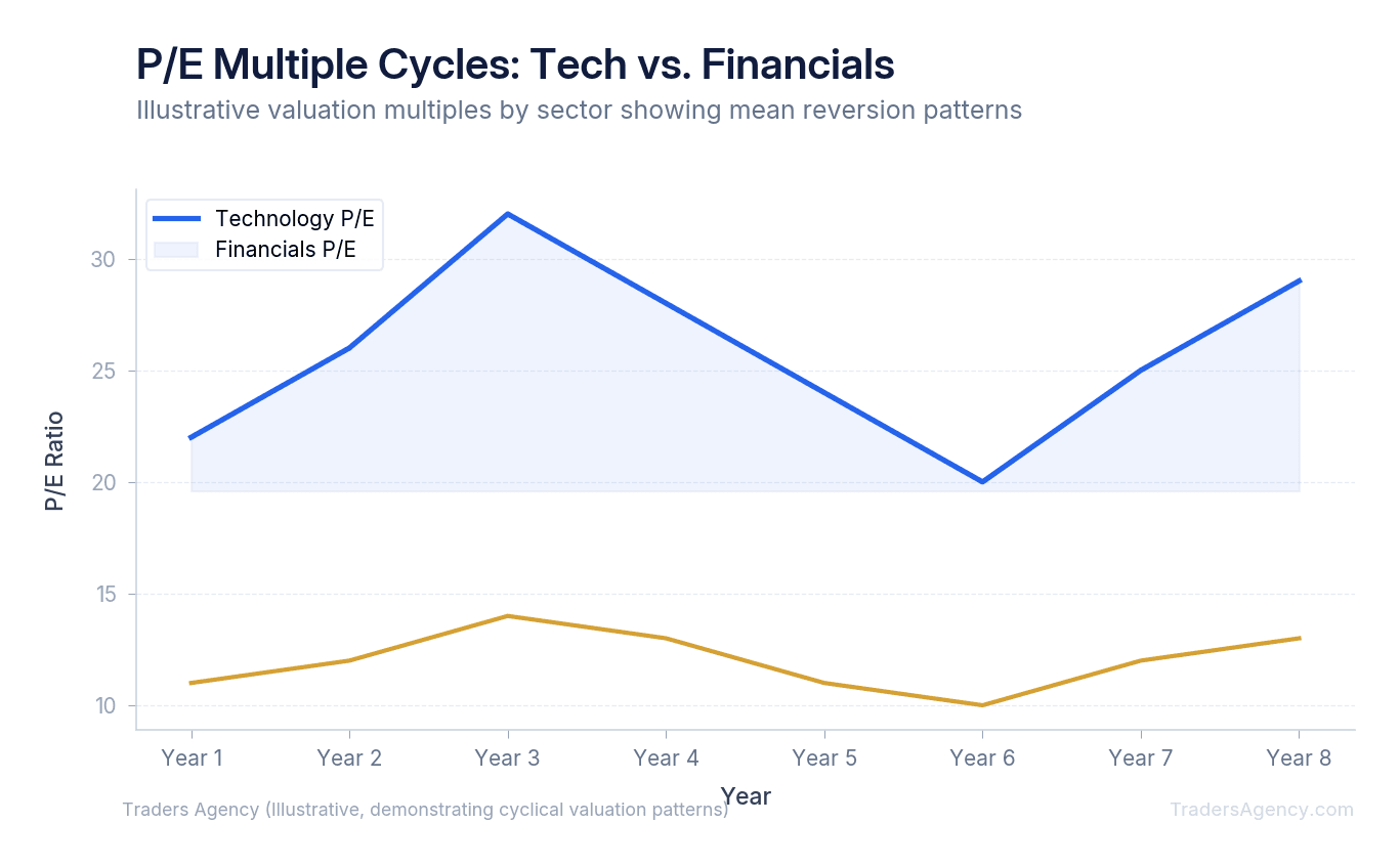 Multi-line chart showing Technology and Financials P/E ratios oscillating around their long-term averages over an 8-year period