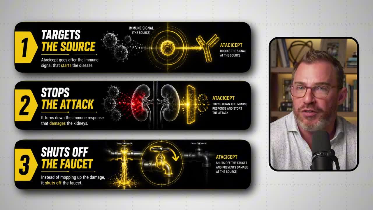 Three-part infographic explaining how the drug works: (1) Targets the source by blocking the immune signal, (2) Stops the attack by turning down the immune response damaging kidneys, (3) Shuts off the faucet by preventing damage at the source