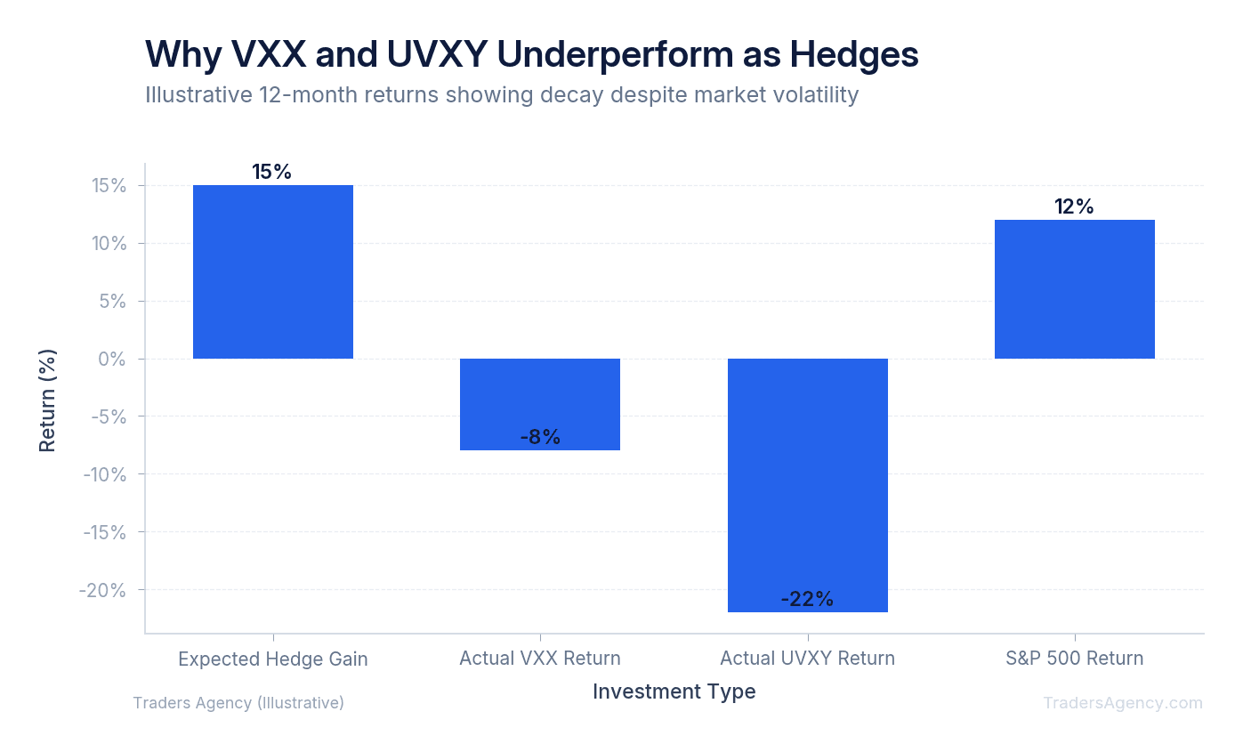 Bar chart comparing expected hedge performance to actual VXX returns over a 12-month period