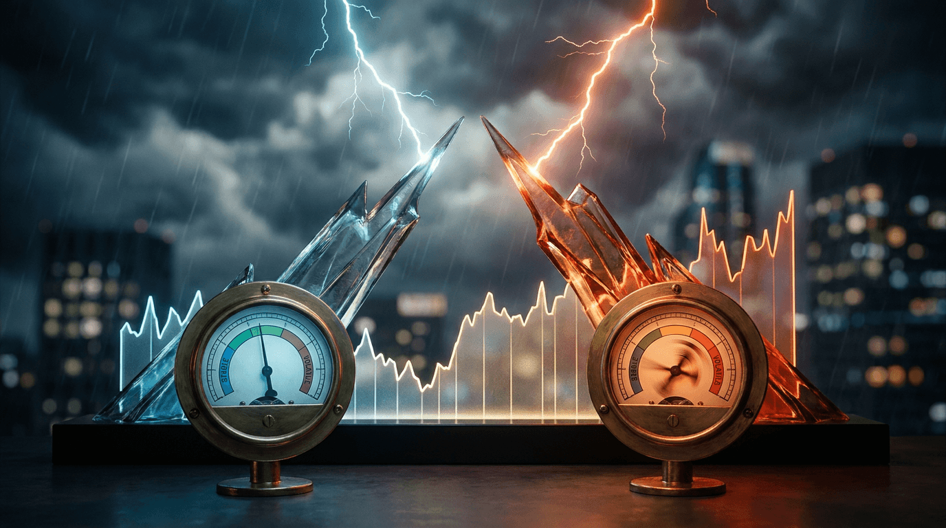 A dramatic storm brewing over a glowing stock market chart, with lightning bolts striking jagged volatility spikes that diverge sharply in two different directions. The foreground features two separate gauge meters — one calm and steady, one spinning wildly into the red — visually representing the widening gap between Nasdaq and S&P 500 volatility. The overall color palette shifts from cool blue stability on one side to intense orange and red chaos on the other, instantly conveying the moment of