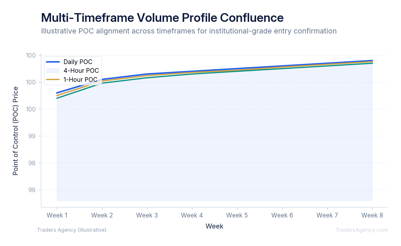 Line chart showing alignment of volume profile POC across daily, 4-hour, and 1-hour timeframes