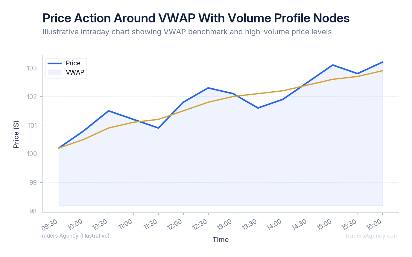 Multi-line chart showing price action oscillating around VWAP with volume profile nodes marking key support and resistance zones