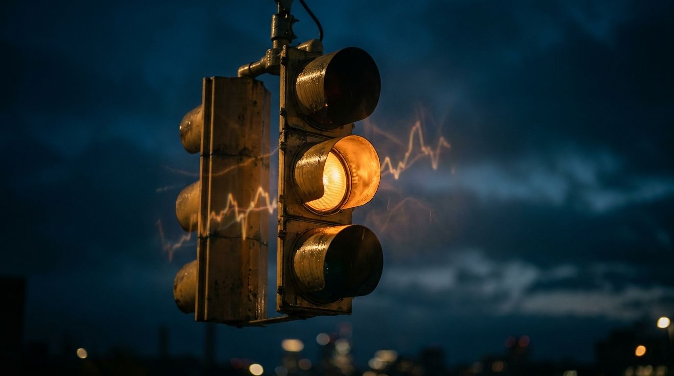 A lone traffic signal hanging in a dark, moody sky displays a single amber/yellow caution light glowing intensely, surrounded by subtle stock chart line patterns faintly reflected in the background. The signal light casts a warm, tense glow against a deep blue-black atmosphere, evoking the feeling of being suspended at a critical decision point. The composition captures the essence of watchful waiting — neither green nor red, but hovering at the edge of something significant.