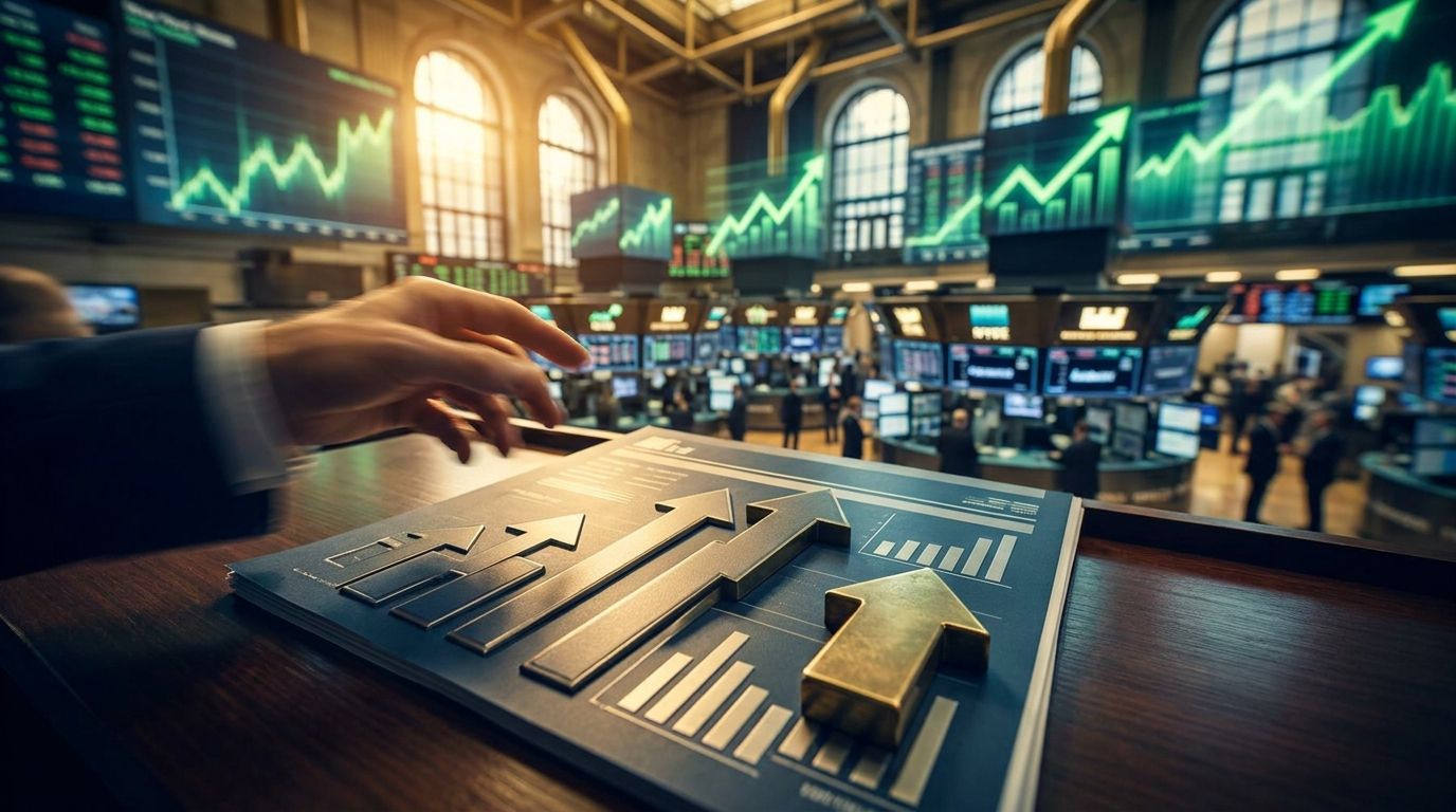 A dramatic wide-angle shot of the New York Stock Exchange trading floor filled with activity, with glowing green ticker numbers and upward-trending stock chart lines projected or displayed on large screens in the background.
