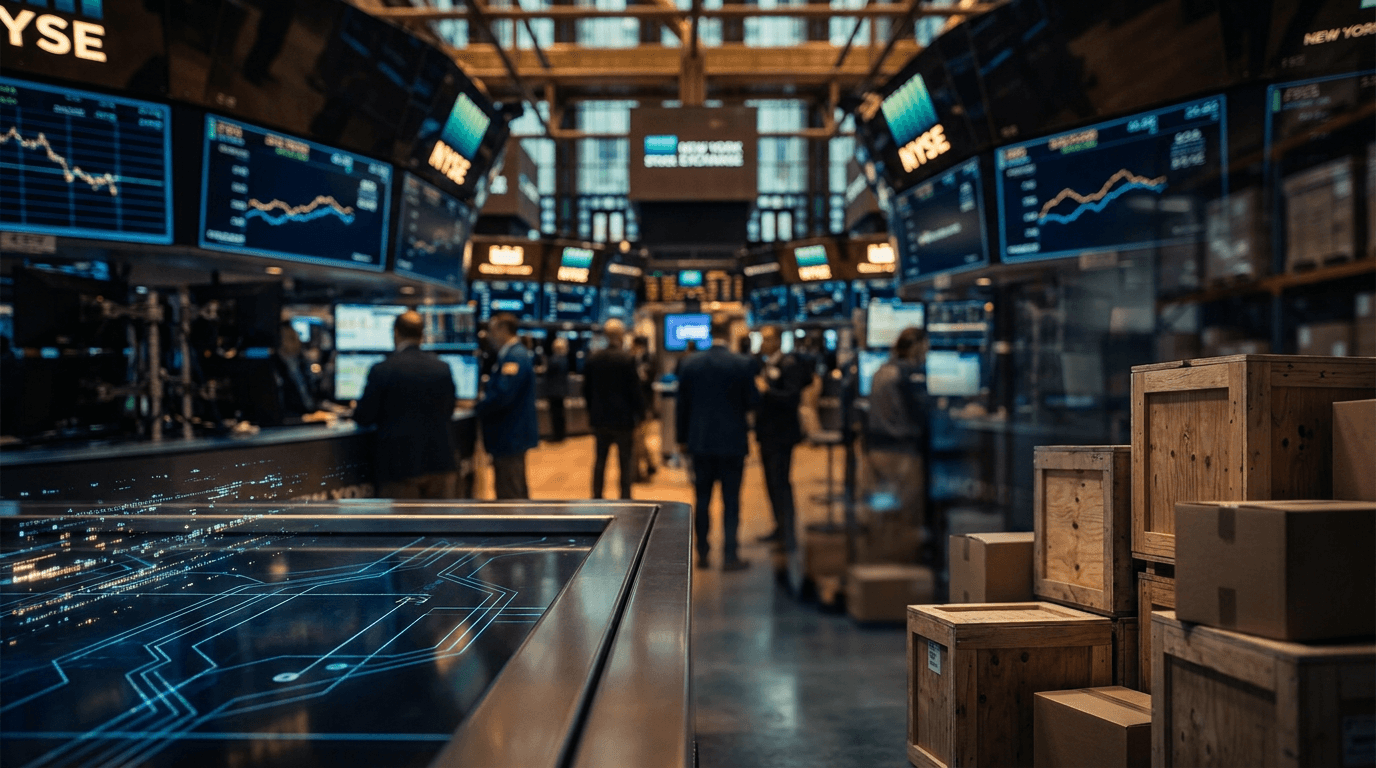 A dramatic wide-angle view of the New York Stock Exchange trading floor bathed in the warm glow of glowing digital screens displaying charts and ticker symbols, with traders in motion creating a sense of urgency and high stakes.