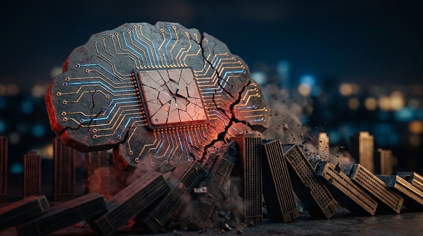 A crumbling or cracked AI circuit board brain merges with a collapsing building or domino effect of falling skyscrapers, rendered in dramatic red and black tones.