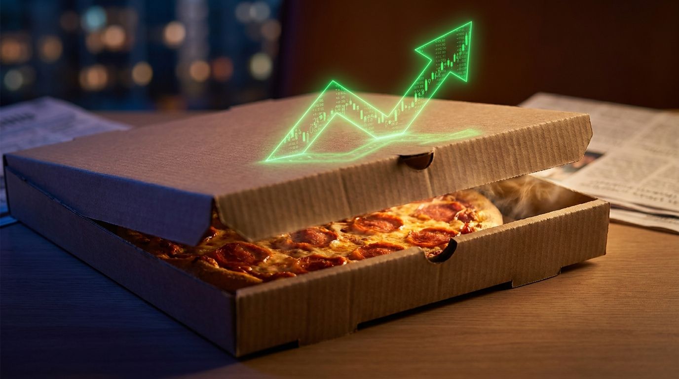 A close-up shot of a Domino's pizza box slightly open, revealing a hot, steaming pizza, with a bold upward-trending green stock chart arrow dramatically overlaid or reflected on the box's surface.