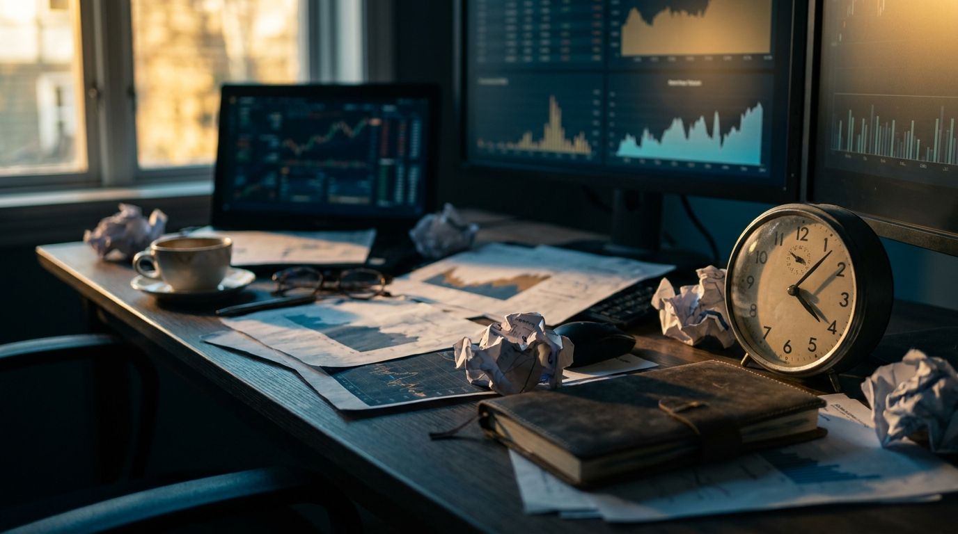 A trader sits slumped at a desk covered in charts and screens, head resting on one hand with a clock on the wall showing Friday afternoon. The mood is tense and fatigued, with the warm golden light of late afternoon casting long shadows across the cluttered workspace. The scene visually captures the psychological pressure of end-of-week trading decisions, with a subtle sense of temptation and exhaustion in the atmosphere.