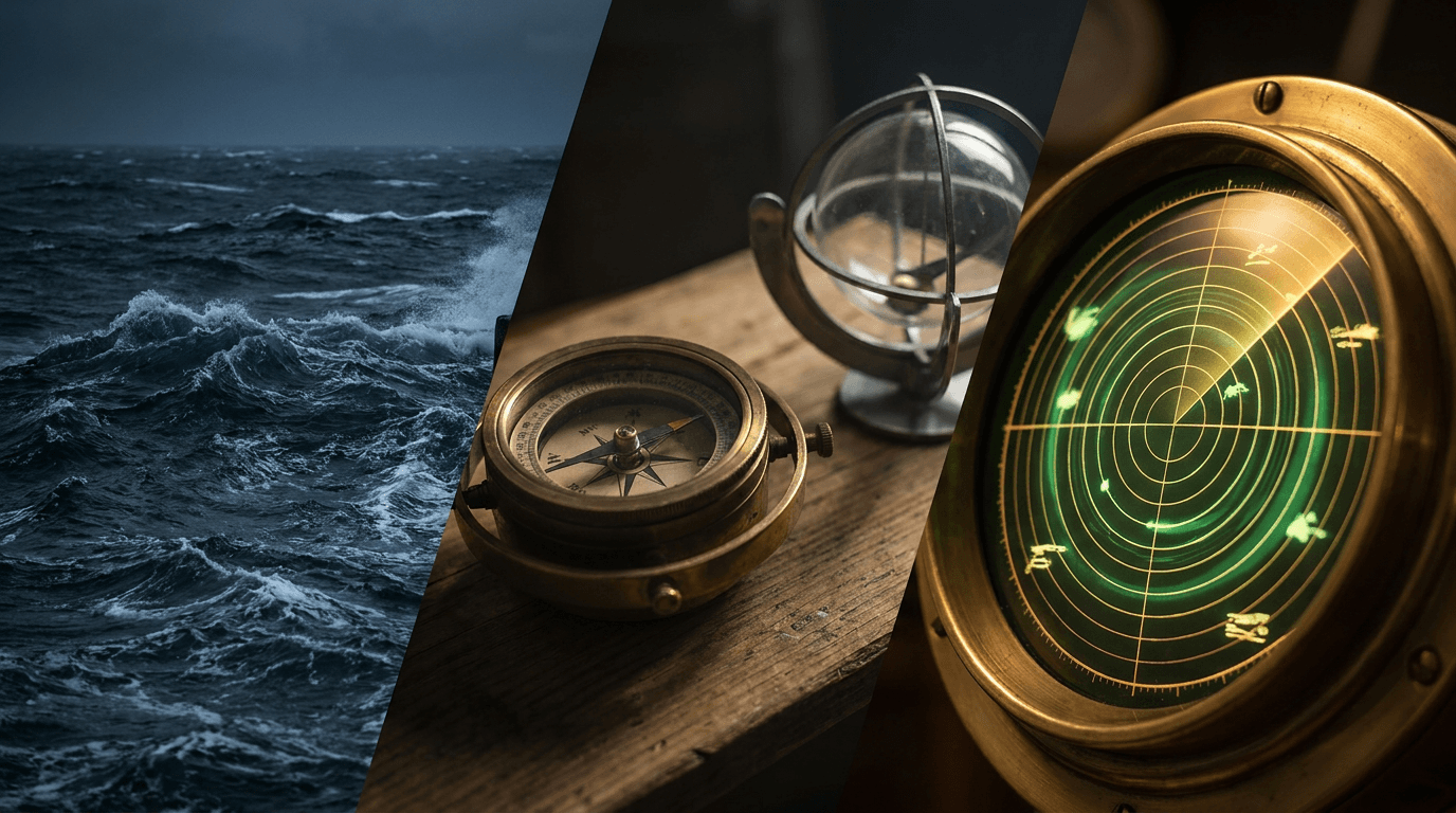 A split scene showing turbulent, choppy ocean waves on one side transitioning into a calm, focused radar or sonar screen on the other, symbolizing the contrast between market noise and finding the signal. In the foreground, a confident trader stands at the helm of a ship, steady and composed amid the stormy seas. The color palette shifts from dark, stormy blues and grays on the chaotic side to sharp, luminous greens and golds on the signal side, conveying opportunity within volatility.