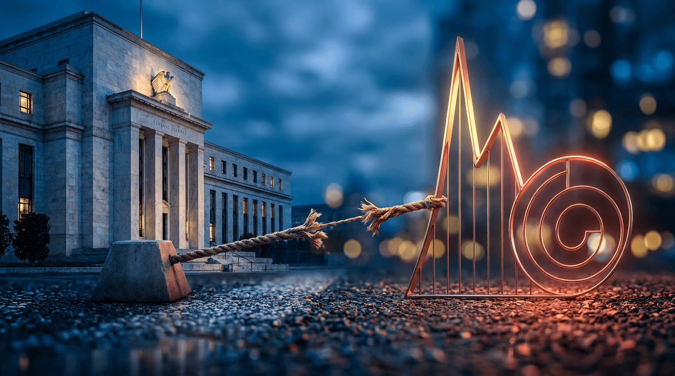 A dramatic split-scene image showing the Federal Reserve building on one side and a stock market chart on the other, with a visual tension between them — perhaps connected by a tug-of-war rope or a bold lightning bolt. The stock chart should show a peak (representing "market top") with an ambiguous trajectory, neither clearly crashing nor soaring, reinforcing the article's theme of uncertain conventional wisdom. The overall mood should feel urgent and thought-provoking, using deep blues and shar