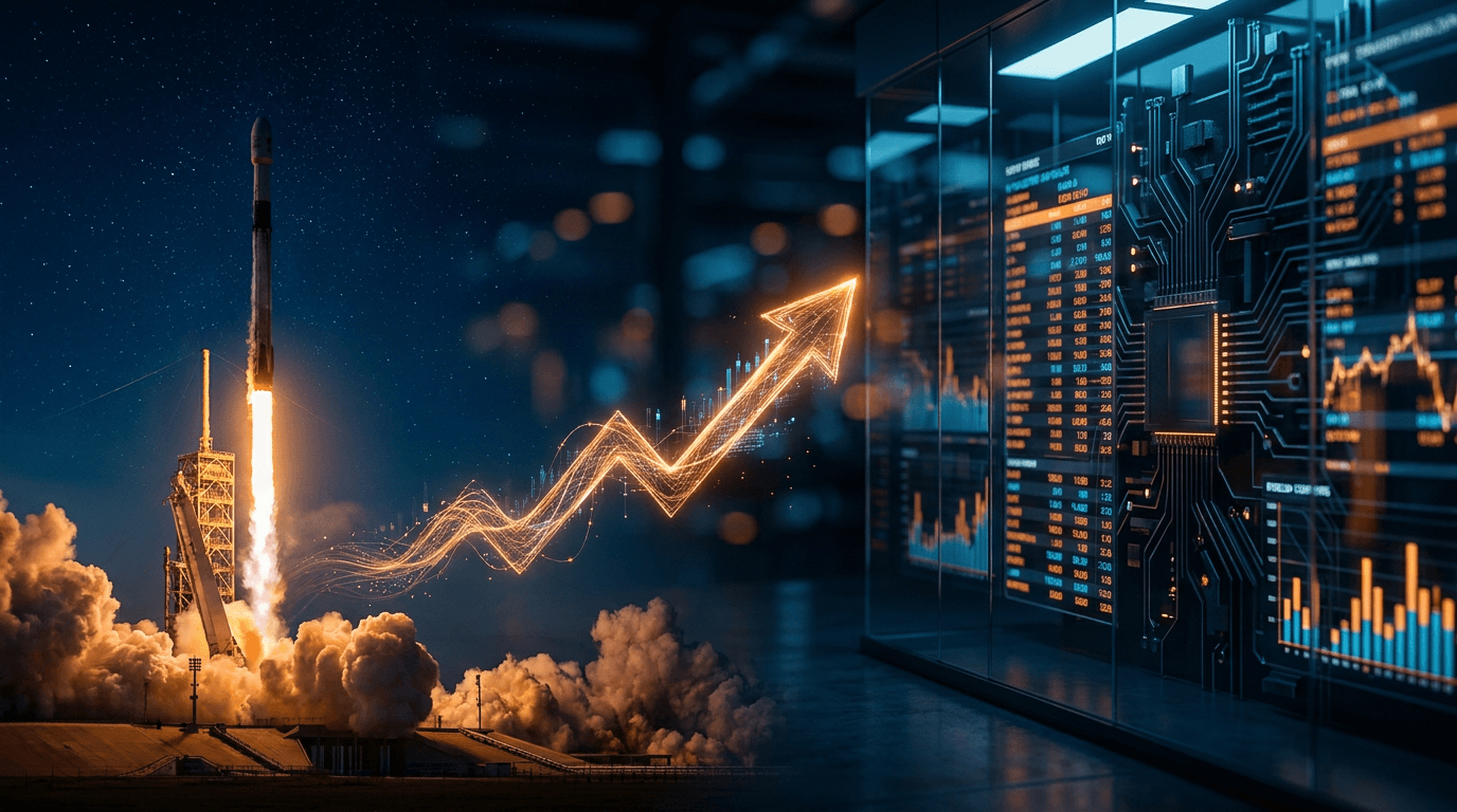 A dramatic split composition showing a SpaceX rocket launching into a starry sky on one side, with a glowing stock market chart or ticker display on the other side, symbolizing the collision of space ambition and financial speculation. The rocket's fiery exhaust trail could subtly transform into an upward-trending graph line, visually connecting the two worlds. Bold contrasts of deep space black and electric orange/gold tones would make the image instantly striking as a thumbnail.