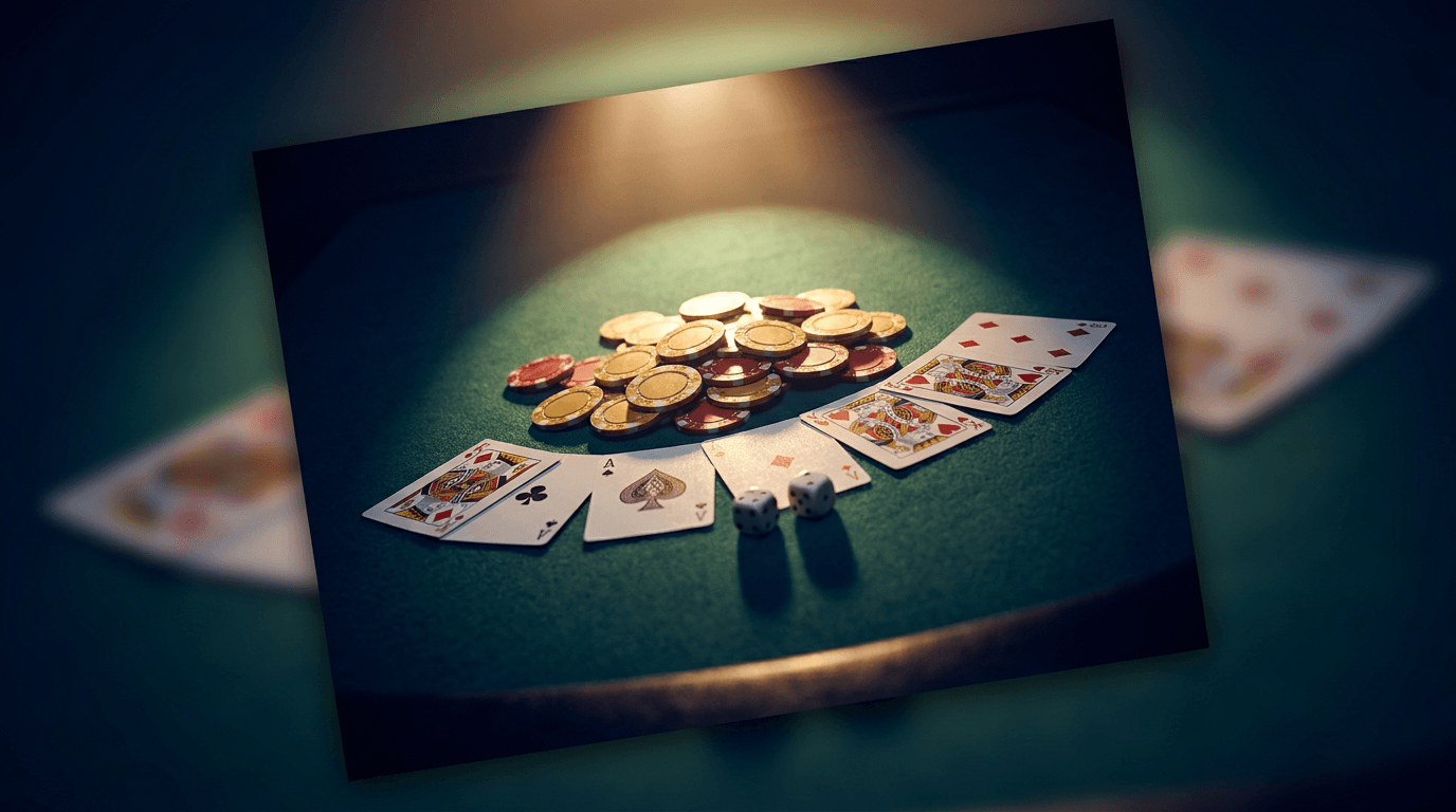 A dramatic, moody shot of a casino dealer's table from above, showing playing cards, chips, and dice arranged on green felt, with a single spotlight illuminating the scene from above. The image emphasizes the "house edge" concept with a slight tilt or perspective angle that suggests an inherent advantage, using rich greens, golds, and deep shadows to convey both risk and calculated confidence. The overall composition should feel sophisticated and strategic rather than flashy, visually communicat