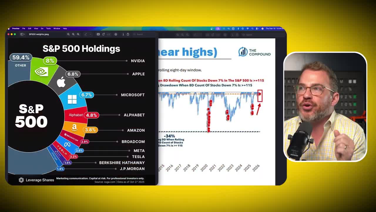 S&P 500 Holdings breakdown showing top 10 stocks: NVIDIA (8%), Apple (6.8%), Microsoft (6.7%), Alphabet (4.8%), Amazon (3.8%), Broadcom (2.9%), Meta (2.8%), Tesla (2.2%), Berkshire Hathaway (1.5%), J.P.Morgan (1.4%), with 59.4% in other holdings. Adjacent chart shows rolling 8-day count of stocks down 7% in the S&P 500.