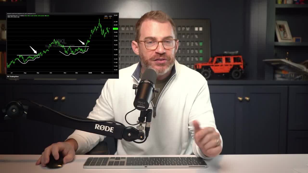 NIKL (Sprott Nickel Miners ETF) daily candlestick chart showing two consolidation breakout patterns marked with white arrows, with price rising from around $11 to over $21