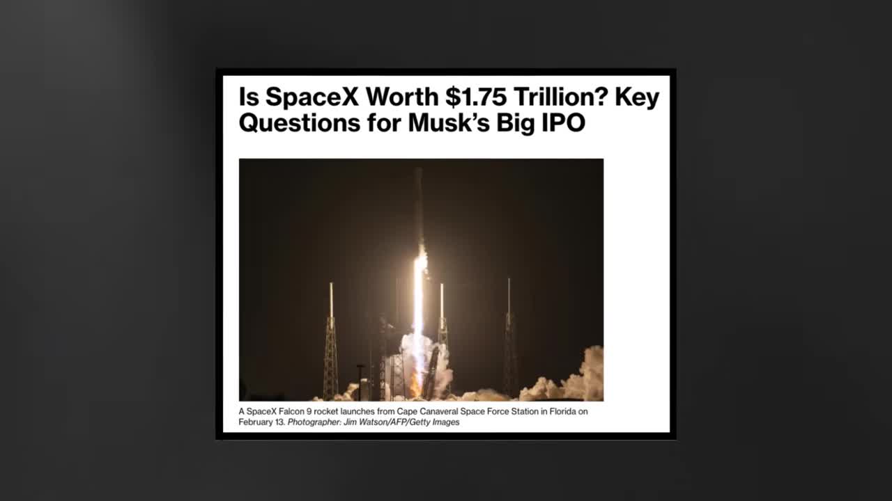News article headline: 'Is SpaceX Worth $1.75 Trillion? Key Questions for Musk's Big IPO' with photo of a SpaceX Falcon 9 rocket launching from Cape Canaveral
