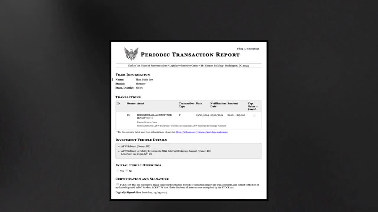 Official Periodic Transaction Report filed by Rep. Susie Lee showing a purchase of Rheinmetall AG stock.