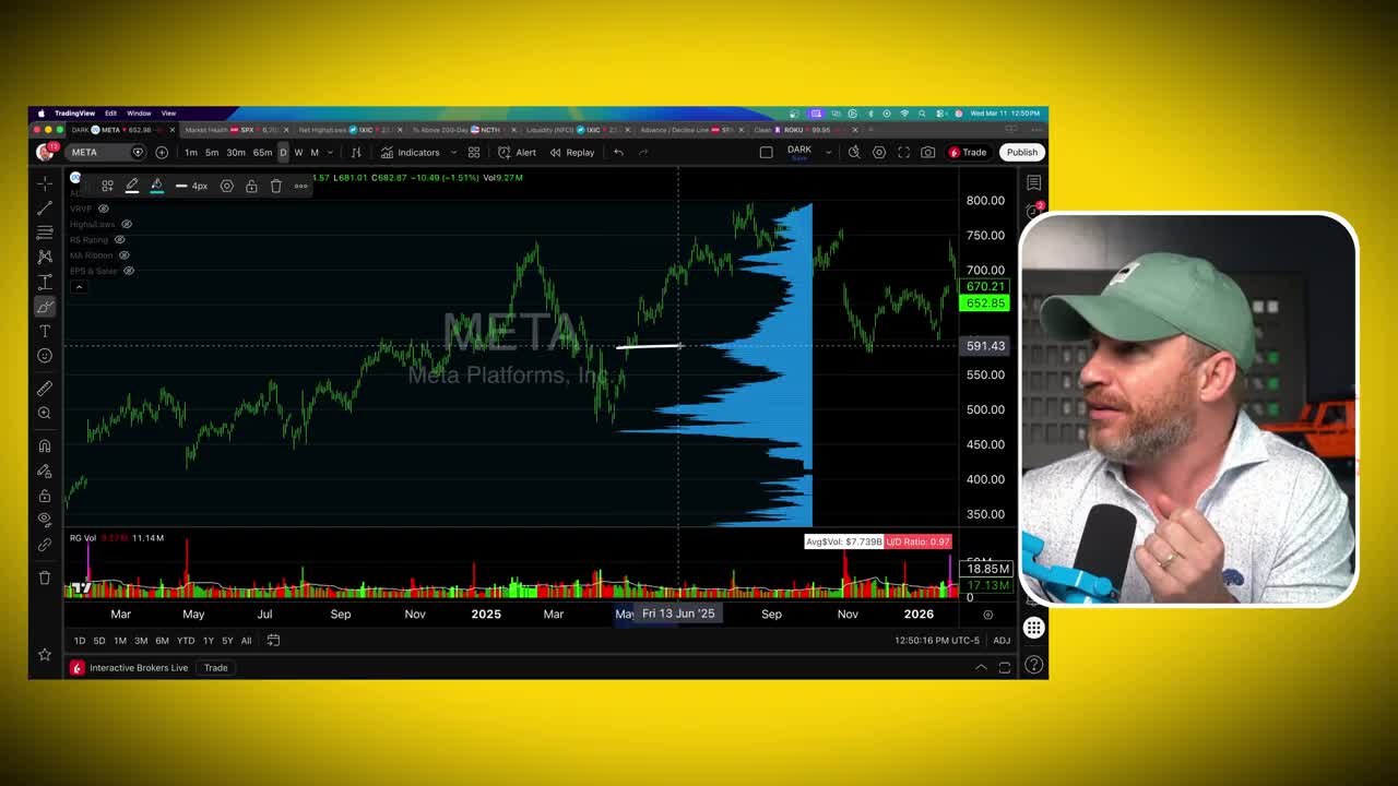 META (Meta Platforms) weekly chart with Fixed Range Volume Profile showing High Volume Nodes and Low Volume Nodes, illustrating areas of price acceptance and rejection