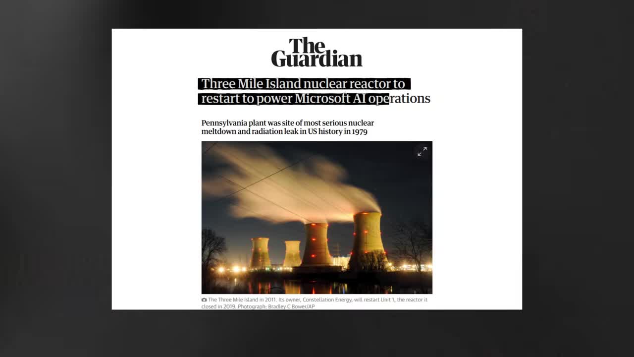 Guardian headline: 'Three Mile Island nuclear reactor to restart to power Microsoft AI operations' - Pennsylvania plant was site of most serious nuclear meltdown and radiation leak in US history in 1979