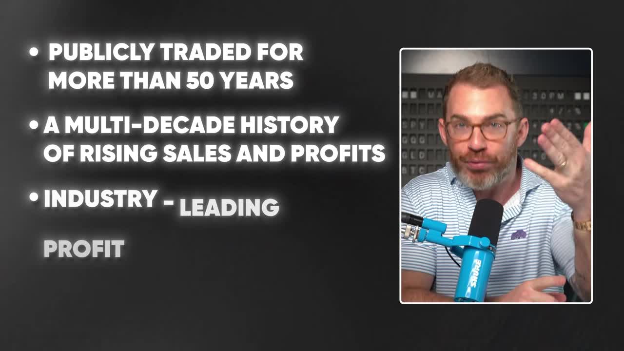 Bulleted list showing stock screening criteria: publicly traded for more than 50 years, a multi-decade history of rising sales and profits, and industry-leading profit margins