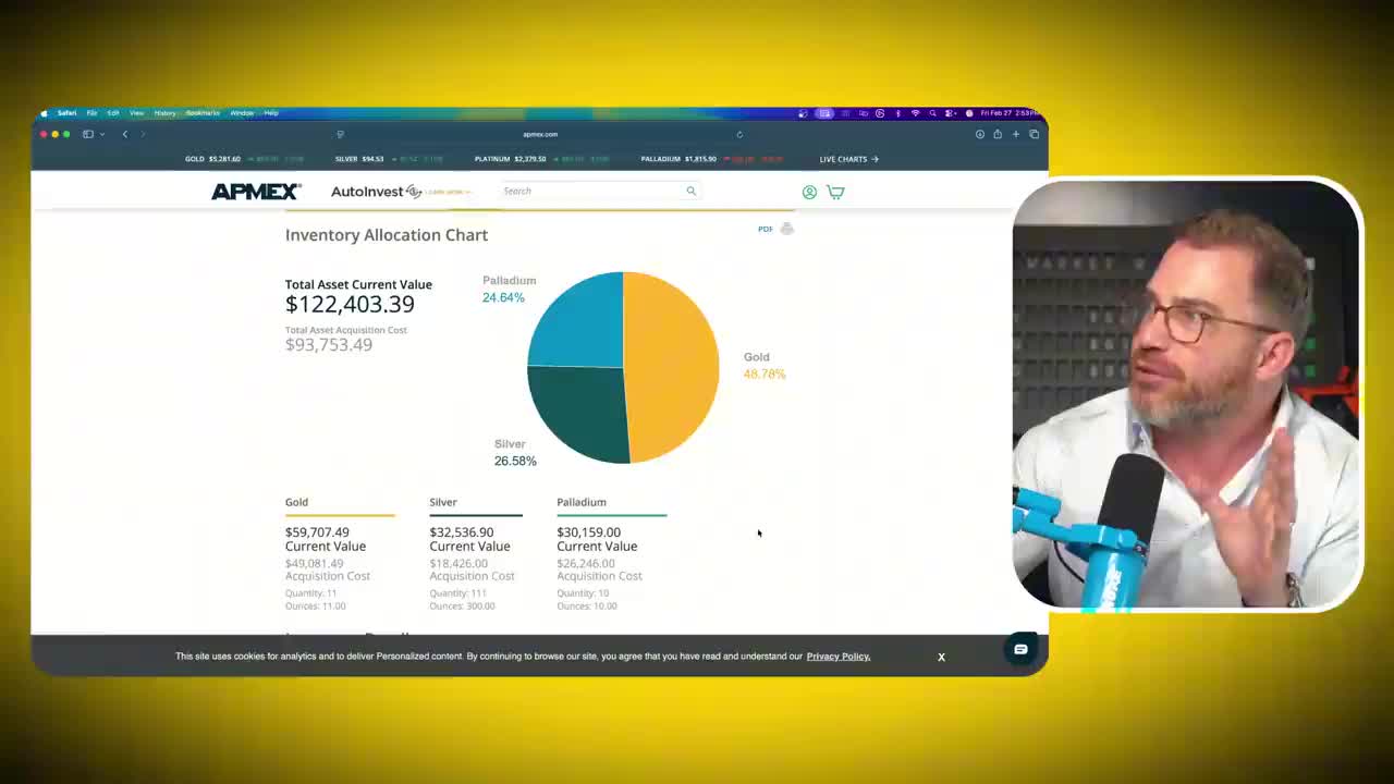 APMEX portfolio dashboard showing total asset current value of $122,403.39 with inventory allocation: Gold 48.78% ($59,707.49), Silver 26.58% ($32,536.90), and Palladium 24.64% ($30,159.00)