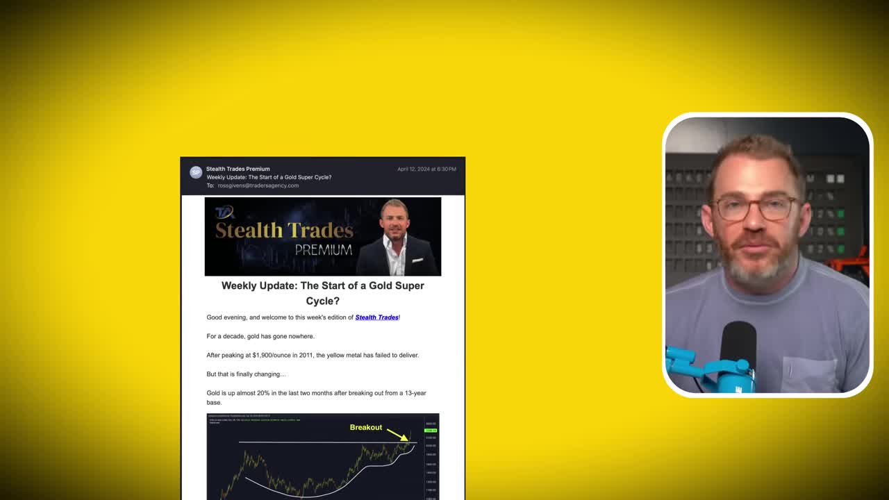 Newsletter screenshot highlighting gold's breakout from a long base pattern